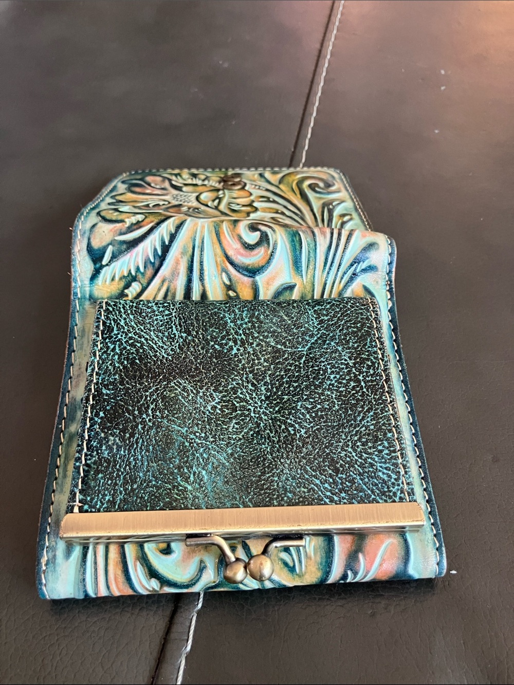 Patricia Nash Reiti Wallet RFID Tooled Italian Leather Floral Embossed Turquoise - Picture 8 of 8